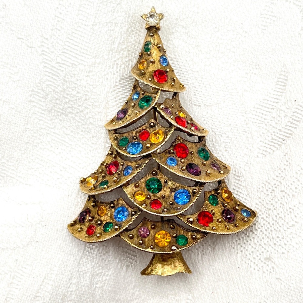 Vintage Signed JJ Christmas Tree Gold Tone w/ Multicolor Rhinestones Brooch Pin